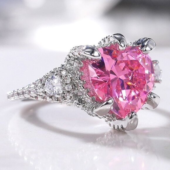😍Pink Heart CZ Anillos Shiny Diamonds Silver Plated Heart Ring for Women, L117 - Picture 3 of 7